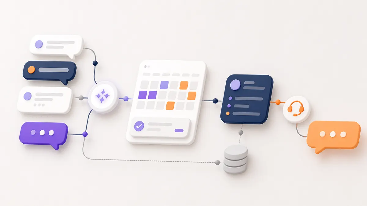 Abstract booking conversation, availability calendar, customer record, and human handoff flow.
