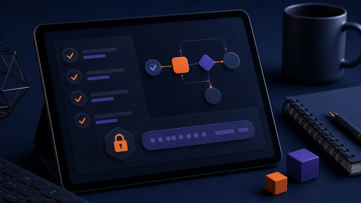 Abstract technical checklist with secure configuration and workflow nodes.