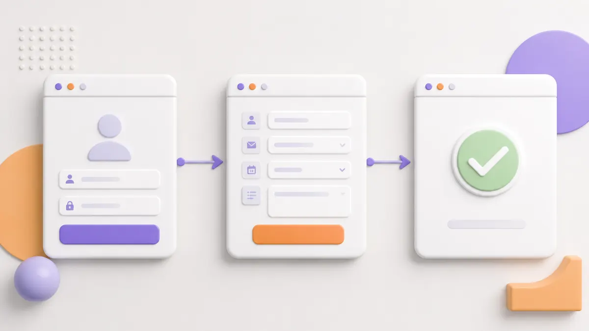 Abstract three-step product workflow from sign-in to completed request.