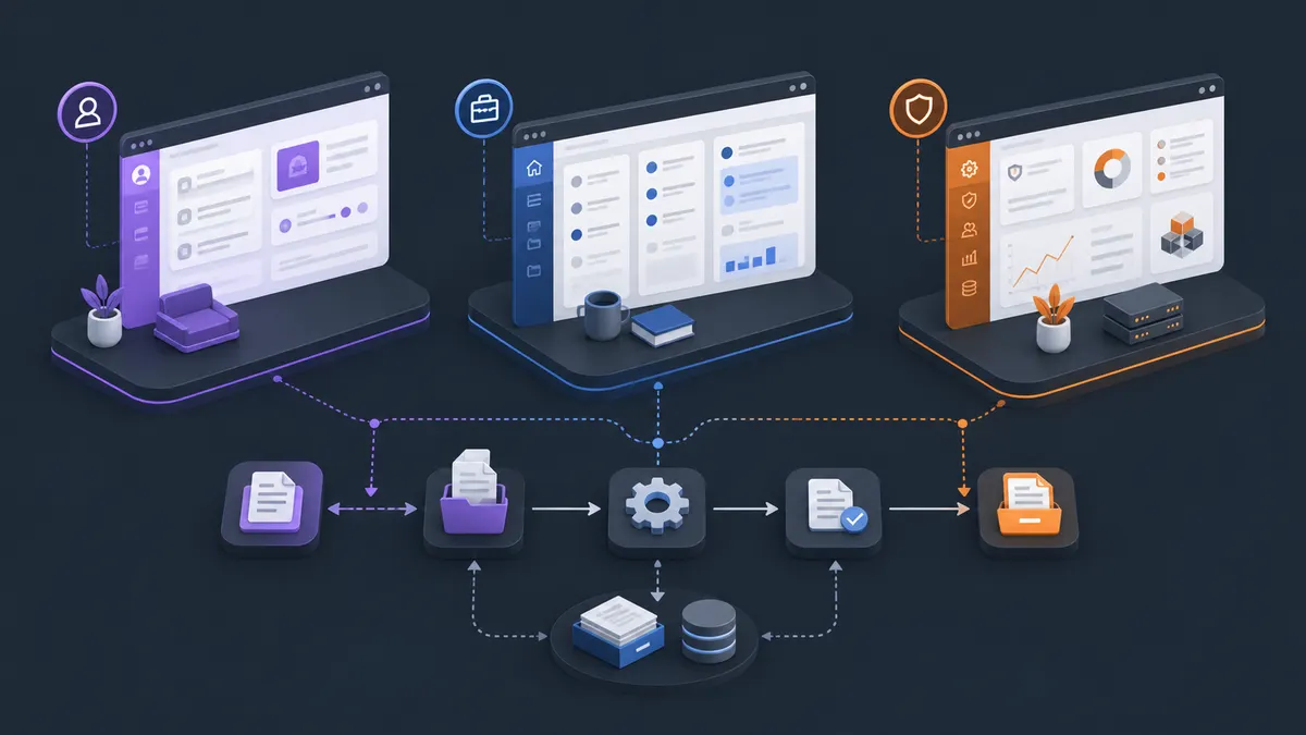 Abstract role-based portal views connected to shared request and document workflows.