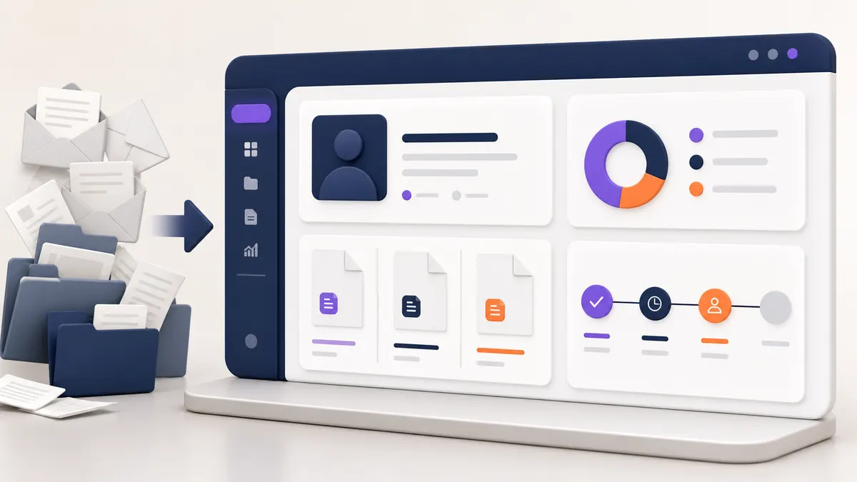 Abstract customer portal replacing scattered email and shared-file workflow cards.