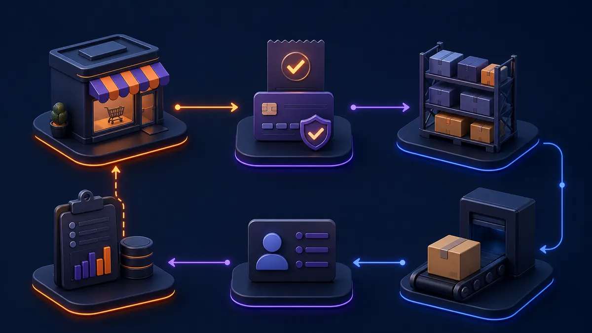 Abstract order flow connecting storefront, payment, inventory, fulfilment, and records.