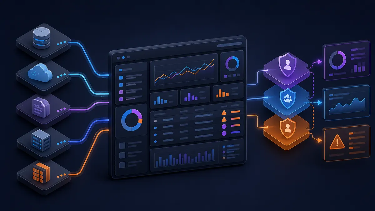 Abstract dashboard interface with connected source systems and workflow decisions.