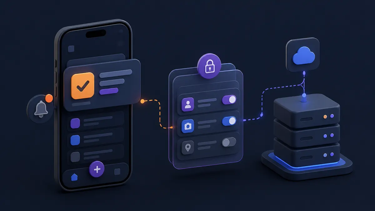 Abstract mobile application task flow with notification and backend connection.