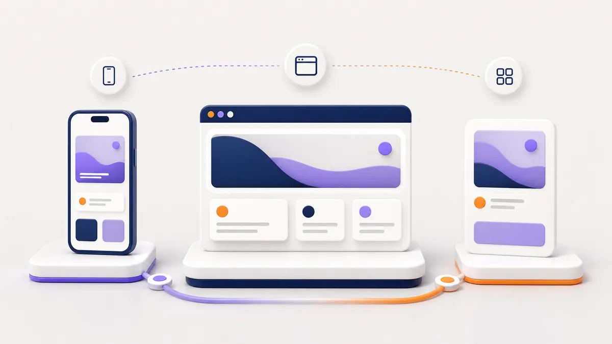 Abstract mobile, browser, and responsive website interfaces connected to one workflow.