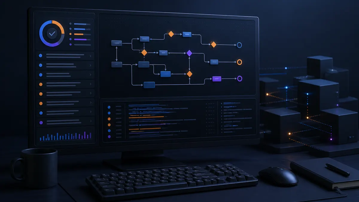 Abstract technical console showing a verified automated workflow and connected services.