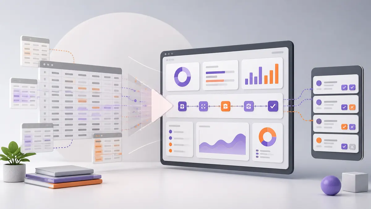 Abstract spreadsheet workflow transforming into a unified operations dashboard.
