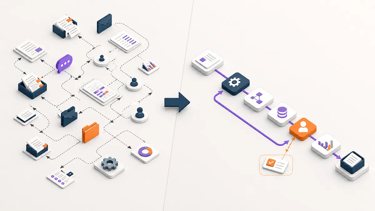 Abstract manual handoffs transforming into a routed workflow with human approval.
