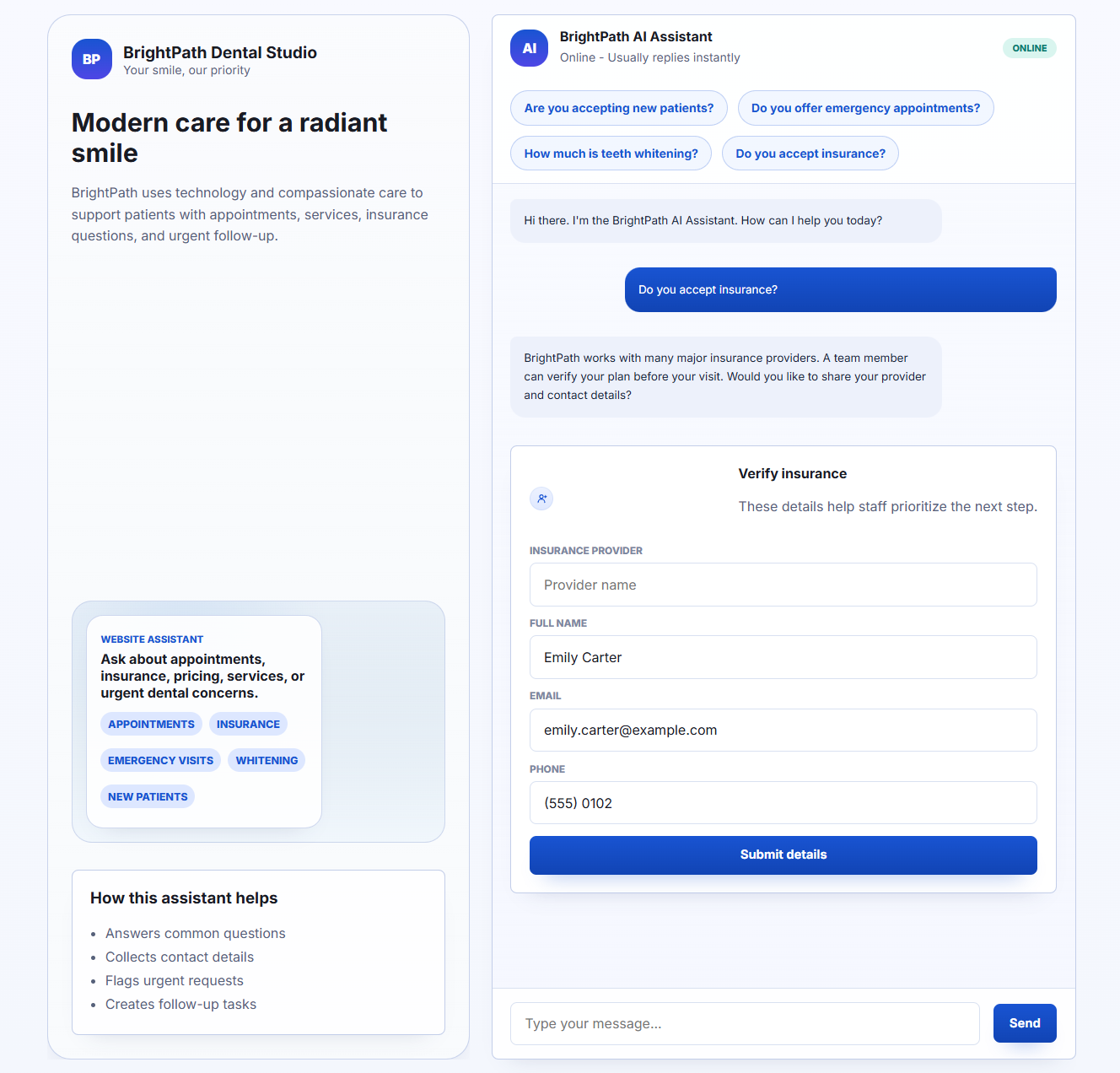 AssistFlow customer chat interface with guided support prompts and service recommendations.