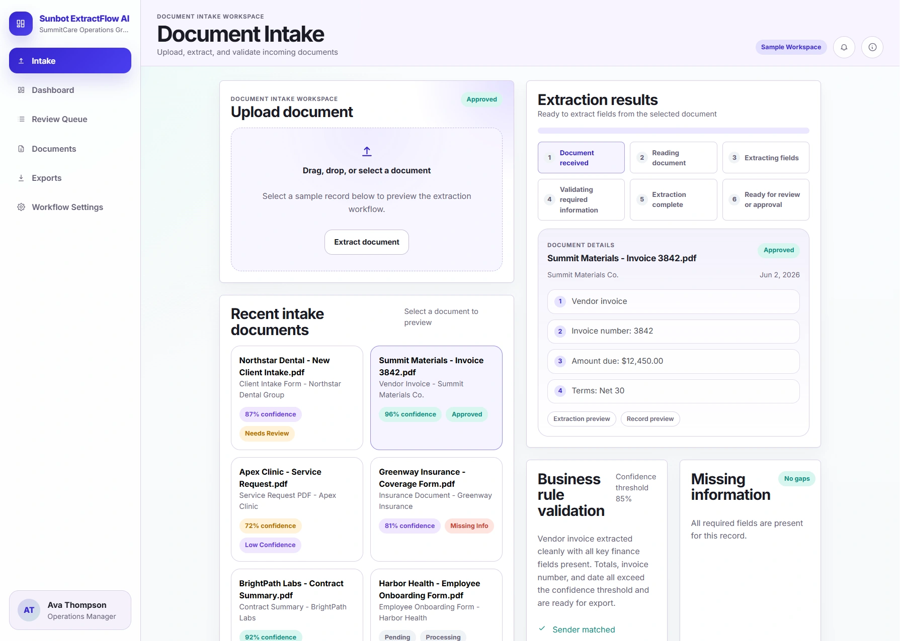 ExtractFlow document-intake interface showing extraction fields and review controls.