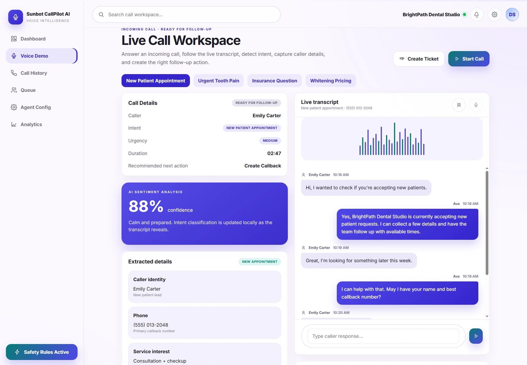 CallPilot voice-support dashboard with transcript, intent summary, and follow-up actions.