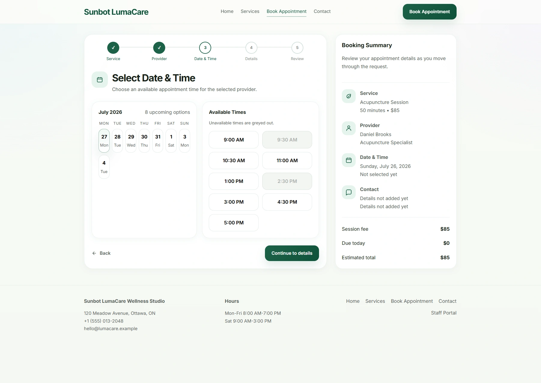 LumaCare multi-step booking interface for selecting a service, provider, date, and time.